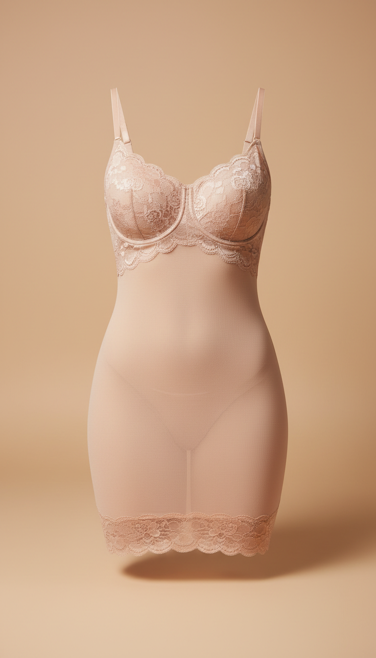 A perfectly centered, front-view shot of an elegant shapewear body slip, displayed on a soft Nude Glow background. The...